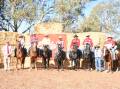 The ribbon winners in the Quilty open draft were presented with their ribbons by Elders, Waroona representative and event co-organiser Wade Krawczyk (left) and judge Paul Stone, Baralaba, Queensland. Collecting sashes were eighth Brydon Bell (left on horse), seventh Ross Hall, fourth Eric Wormsley, third Glen Parsons, second Bruce Trennaman, first Jim Laverty and cut out winner Doug Brown.