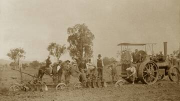 JT Maunder driving a steam tractor to demonstrate new tandem ploughs at a field day near Pallamallawa, NSW, 1916. Photo: Copyright Maunder Family